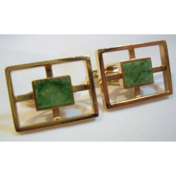 Lamode Karatclad Marbled Jade Square Stone Cufflinks Tie Clip Gold Tone Frame - Picture 6 of 7